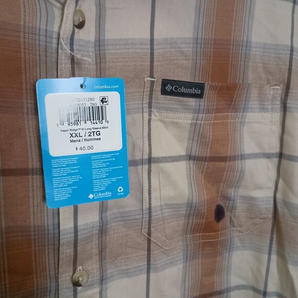 Columbia Men's Button Front Shirt NWT Neutral Tan Brown Long Sleeve Pockets 2XL - Picture 2 of 6